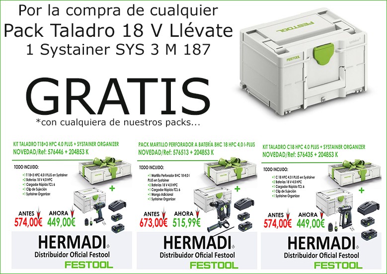 Por la compra de cualquier  Pack Taladro 18 V Llévate   1 Systainer SYS 3 M 187 GRATIS con cualquiera de nuestros packs